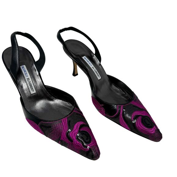Manolo Blahnik Embroidered Slingback Pumps Black Pink Sequin Pointed Toe 41 - Picture 1 of 5
